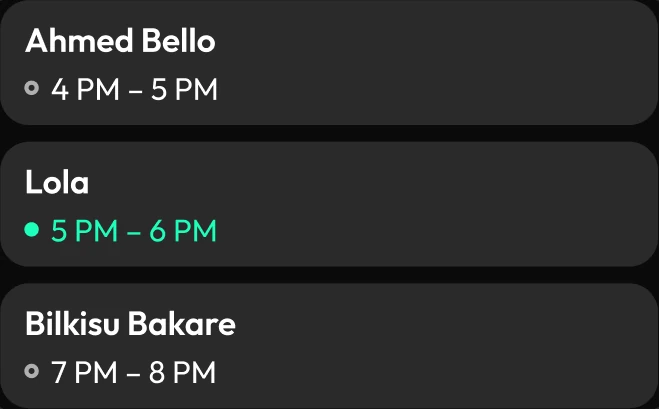 Three bookings on the Basketball Court: Ahmed Bello 4 PM – 5 PM and Bilkisu Bakare 7 PM – 8 PM to pay at the desk, Lola 5 PM – 6 PM paid online.