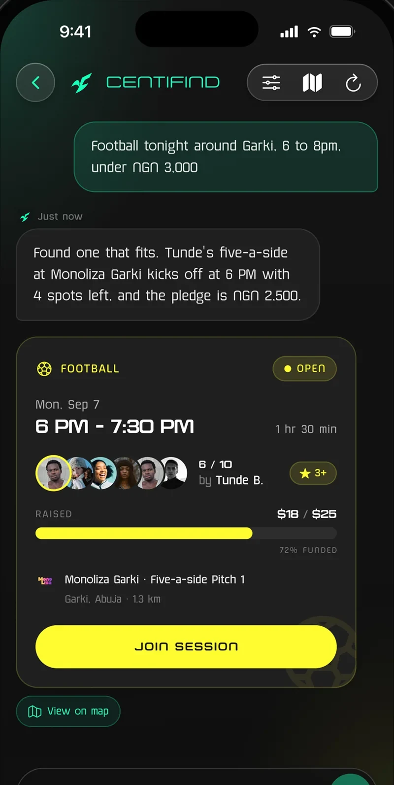 Centifind chat: ask for football tonight under a budget and get a bookable session back