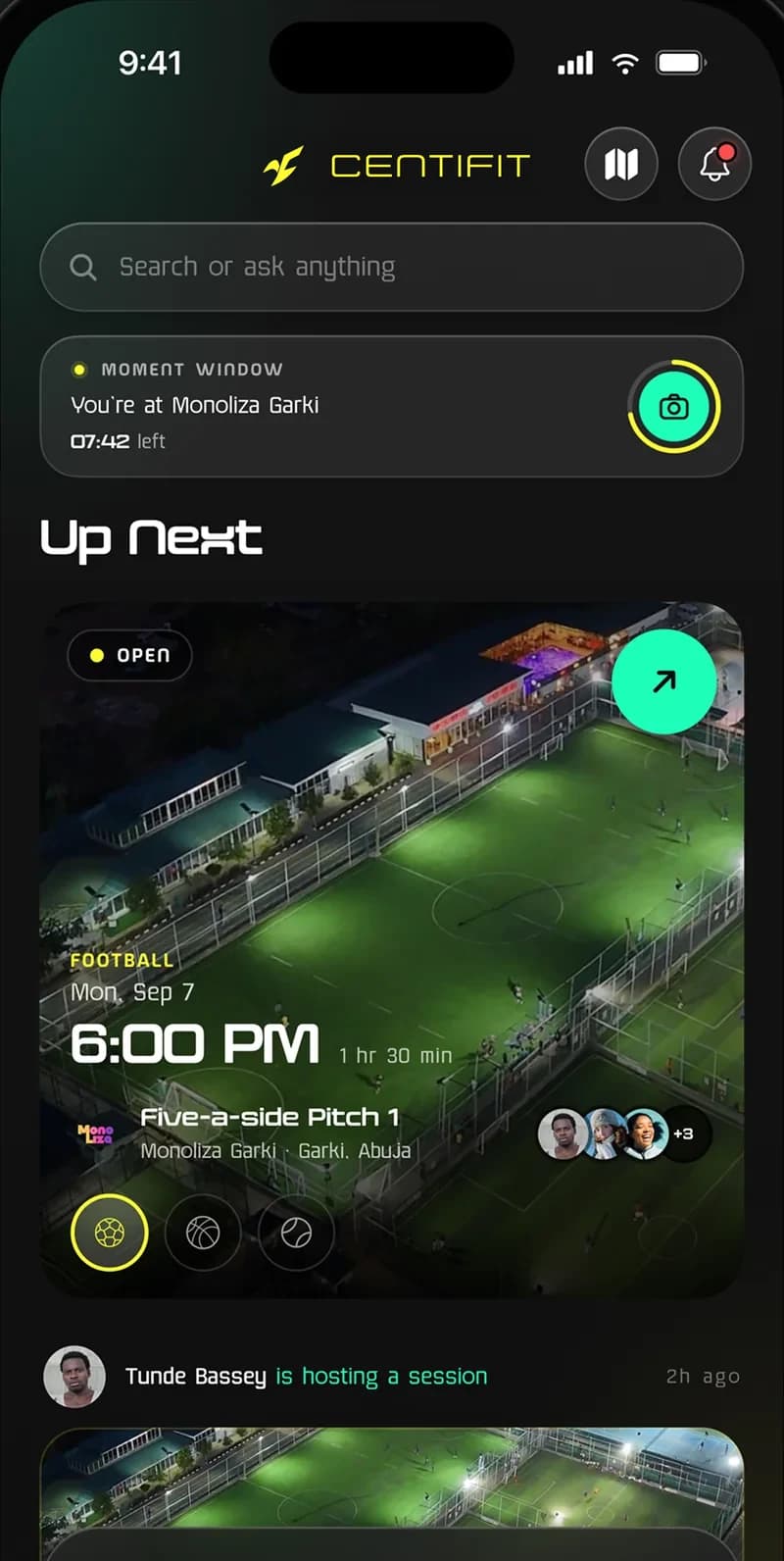 Centifit Home: the Moment window banner and the Up Next card showing tonight's five-a-side at Monoliza