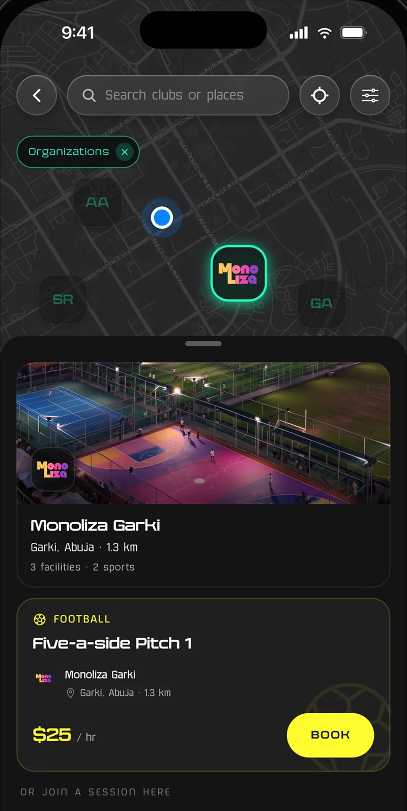 Centifit map with a venue sheet open: Monoliza, its courts and the hourly rate